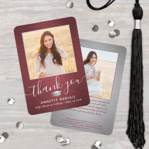 2 Photo New Address Brushed Red Gray Graduation Thank You Card