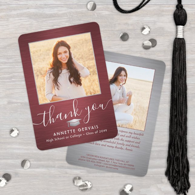 2 Photo New Address Brushed Red Gray Graduation Thank You Card (Creator Uploaded)