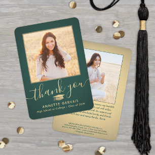 2 Photo New Address Green & Gold Script Graduation Thank You Card