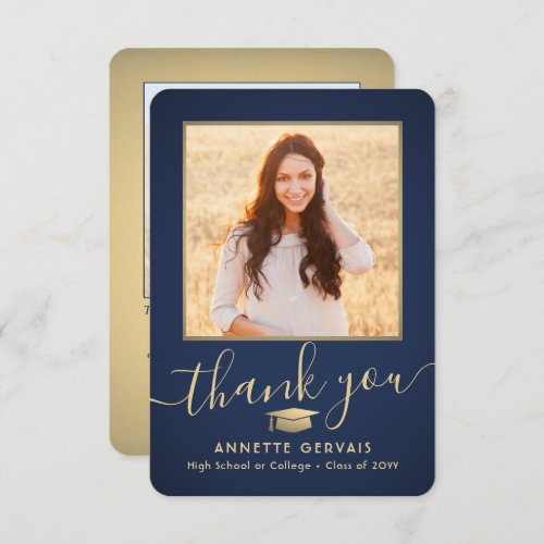 2 Photo New Address Navy Blue and Gold Graduation Thank You Card