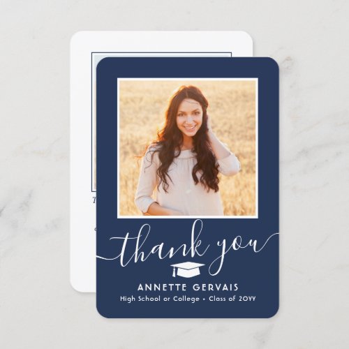 2 Photo New Address Navy Blue and White Graduation Thank You Card