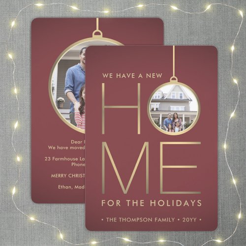2 Photo New Home Address Burgundy  Gold Moving Holiday Card
