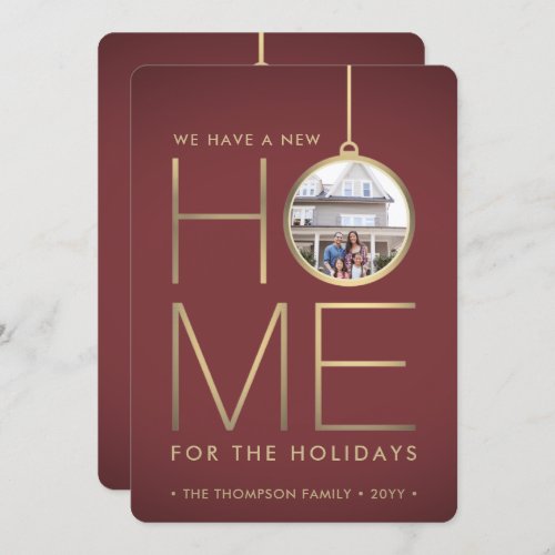 2 Photo New Home Address Burgundy & Gold Moving Holiday Card - There's no place like a new home for the holidays! Share the joyful news of your new address as well as two of your favorite photos with this elegant modern burgundy red and gold moving announcement card. Text on this template is is simple to customize. (IMAGE PLACEMENT TIP:  An easy way to center a photo exactly how you want is to crop it before uploading to the Zazzle website.) Design features gold faux foil, modern minimalist ornament, chic typography name, and 2 pictures of your choice. Please note that gold is printed color, not metallic foil.  Family and friends will love displaying this stylish personalized change of address card.