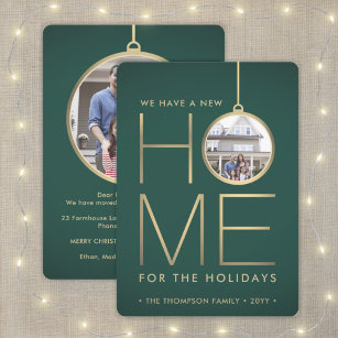 2 Photo New Home Address Green and Gold Moving Holiday Card
