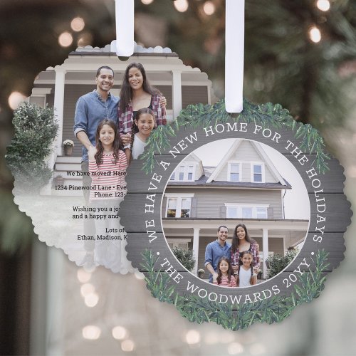 2 Photo New Home Address Greenery  Wood Christmas Ornament Card