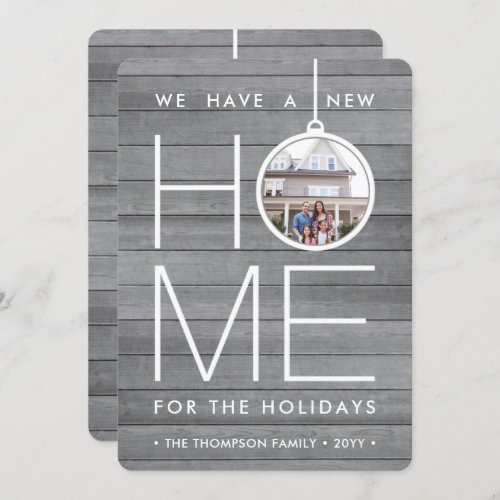 2 Photo New Home Address Modern Farmhouse Moving Holiday Card - There's no place like a new home for the holidays! Share the joyful news of your new address as well as two of your favorite photos with this elegant modern farmhouse style moving announcement card. Text on this template is is simple to customize. (IMAGE PLACEMENT TIP:  An easy way to center a photo exactly how you want is to crop it before uploading to the Zazzle website.) Design features a faux gray wood background, modern minimalist ornament, chic typography name, and 2 pictures of your choice. Family and friends will love displaying this stylish personalized change of address card.