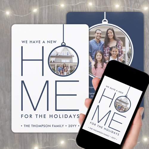 2 Photo New Home Address Modern Navy Blue Moving Holiday Card
