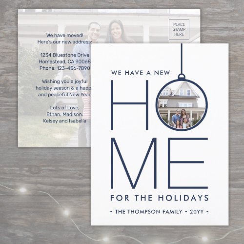 2 Photo New Home Address Modern Navy Blue Moving Holiday Postcard