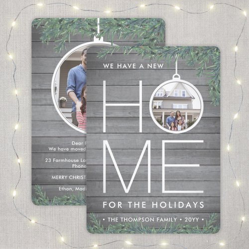 2 Photo New Home Address Modern Wood  Pine Moving Holiday Card