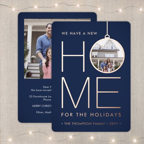 2 Photo New Home Address Navy Blue and Rose Gold Foil Holiday Card