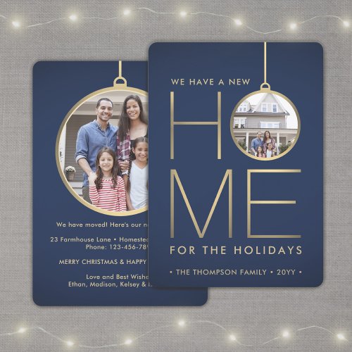 2 Photo New Home Address Navy Blue  Gold Moving Holiday Card