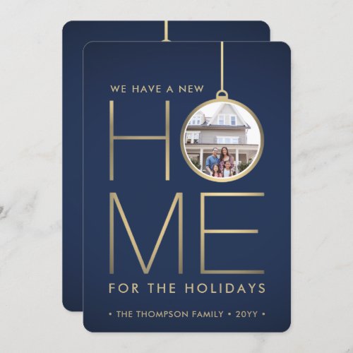 2 Photo New Home Address Navy Blue & Gold Moving Holiday Card - There's no place like a new home for the holidays! Share the joyful news of your new address as well as two of your favorite photos with this elegant modern burgundy red and gold moving announcement card. Text on this template is is simple to customize. (IMAGE PLACEMENT TIP:  An easy way to center a photo exactly how you want is to crop it before uploading to the Zazzle website.) Design features gold faux foil, modern minimalist ornament, chic typography name, and 2 pictures of your choice. Please note that gold is printed color, not metallic foil.  Family and friends will love displaying this stylish personalized change of address card.