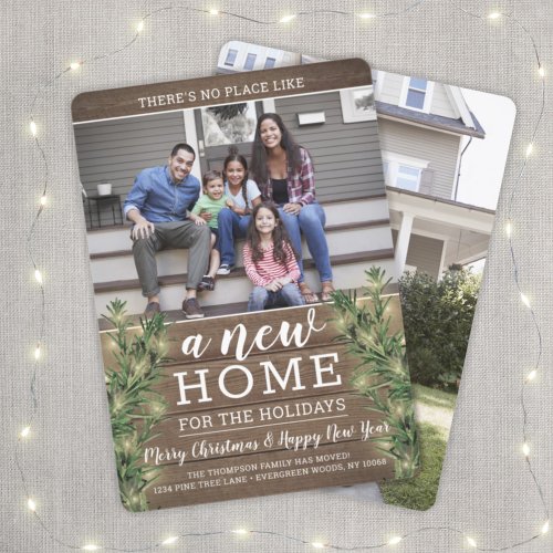 2 Photo New Home Address String Lights Pine  Wood Holiday Card
