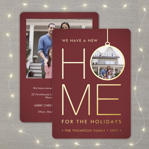 2 Photo New Home Burgundy Address Change Modern Foil Holiday Card