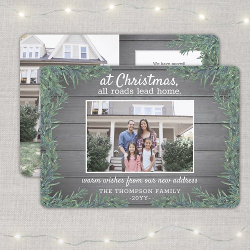 2 Photo New Home Farmhouse Gray Wood  Pine Moving Holiday Card