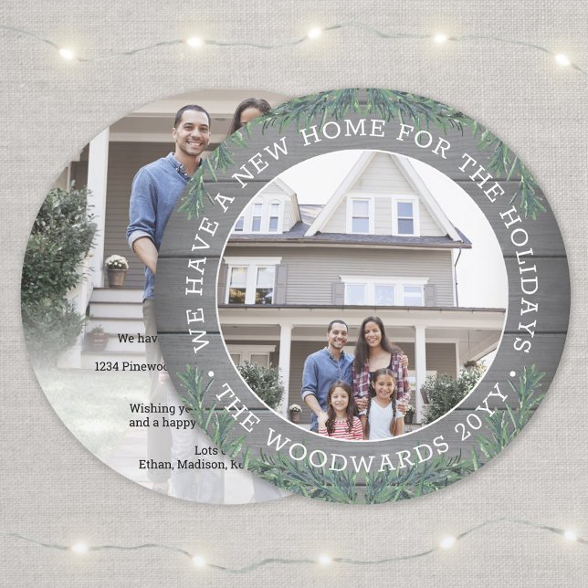 2 Photo New Home Farmhouse Greenery & Wood Round Holiday Card (Creator Uploaded)