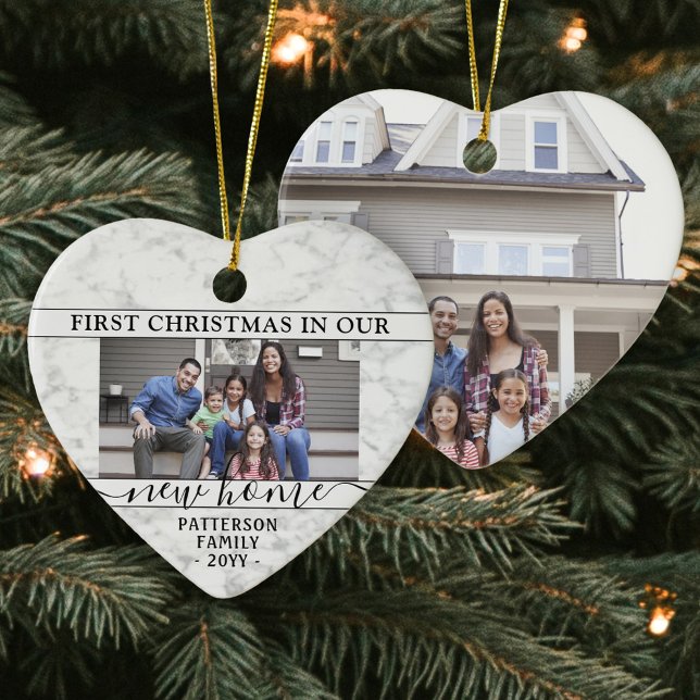 2 Photo New Home First Christmas Faux Marble Heart Ceramic Ornament (Creator Uploaded)