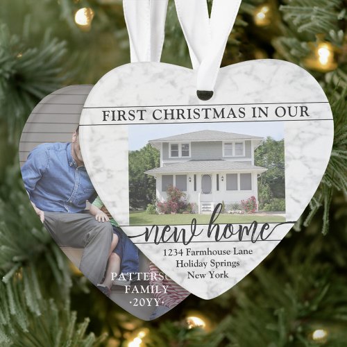 2 Photo New Home First Christmas Faux Marble Heart Ornament