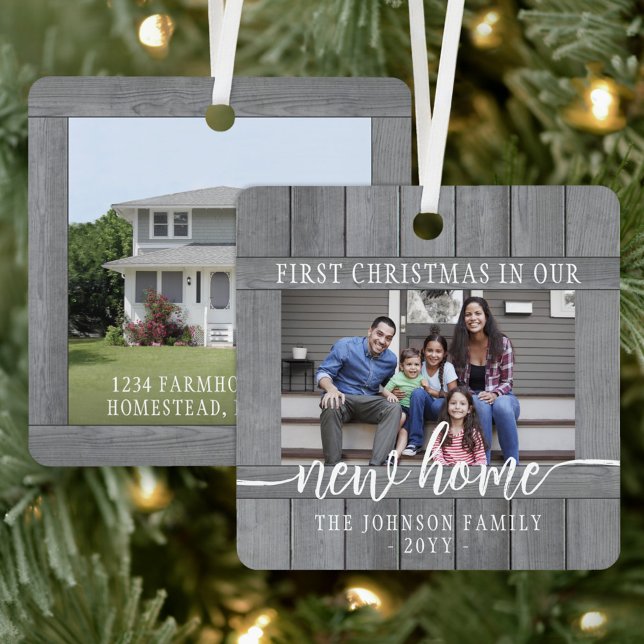 2 Photo New Home First Christmas Gray Faux Wood Metal Ornament (Creator Uploaded)