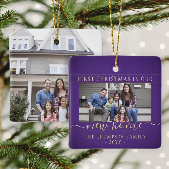 2 Photo New Home First Christmas Purple and Gold Ceramic Ornament (Creator Uploaded)