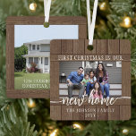 2 Photo New Home First Christmas Rustic Faux Wood Metal Ornament<br><div class="desc">Celebrate the joy of your new place with a custom 2 photo "First Christmas in our New Home" faux wood square metal ornament. Pictures and all text on this template are simple to personalize. (IMAGE PLACEMENT TIP: An easy way to center a photo exactly how you want is to crop...</div>