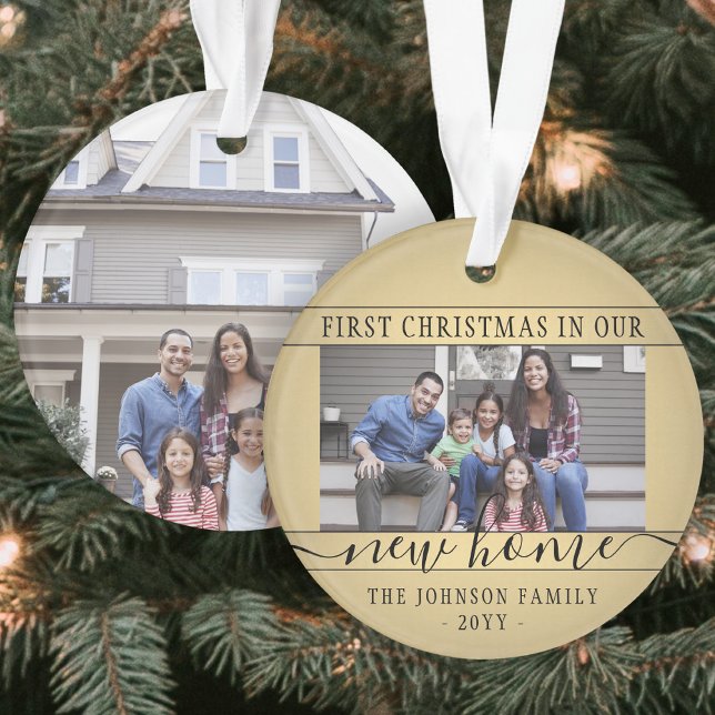 2 Photo New Home First Xmas Black and Gold Round Ornament (Creator Uploaded)