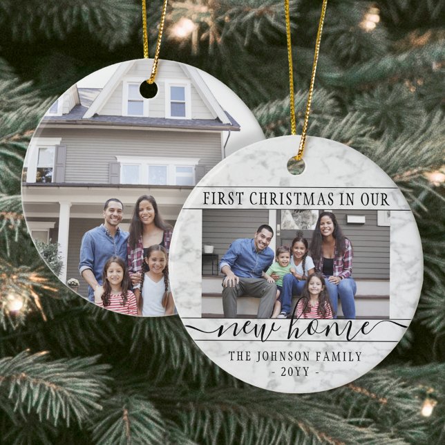 2 Photo New Home First Xmas Faux Marble Round Ceramic Ornament (Creator Uploaded)