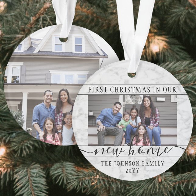 2 Photo New Home First Xmas Faux Marble Round Ornament (Creator Uploaded)