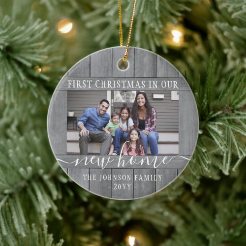 2 Photo New Home First Xmas Gray Faux Wood Round Ceramic Ornament