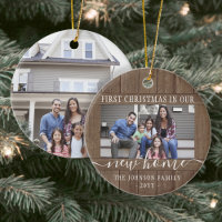 2 Photo New Home First Xmas Rustic Faux Wood Round