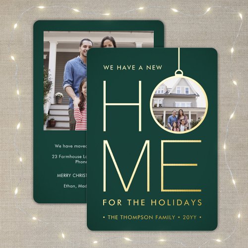 2 Photo New Home Green Address Change Modern Foil Holiday Card