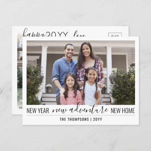 2 Photo New Home Happy New Year Adventure Moving Holiday Postcard - New Year, New Adventure, New Home. Share the joyful news of your new adventure as well as two of your favorite photos with this elegant holiday moving announcement postcard. All text and images on this template are simple to customize. (IMAGE PLACEMENT TIP:  An easy way to center a photo exactly how you want is to crop it before uploading to the Zazzle website.) Design features modern minimalist typography, elegant handwritten style script, and 2 pictures of your choice on a simple white background. Family and friends will love displaying this stylish personalized change of address card. Happy New Year!