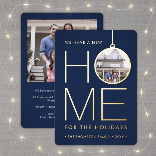2 Photo New Home Navy Blue Address Change Modern Foil Holiday Card