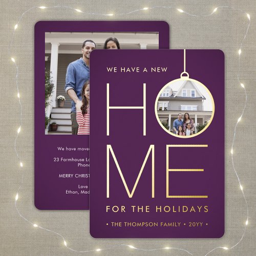 2 Photo New Home Purple Address Change Modern Foil Holiday Card
