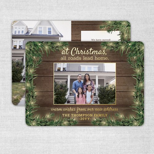2 Photo New Home Rustic Wood Pine  String Lights Foil Holiday Card