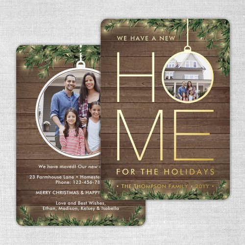 2 Photo New Home Rustic Wood Pine  String Lights Foil Holiday Card