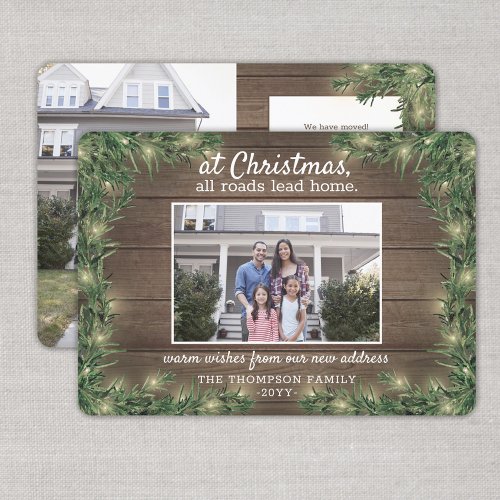 2 Photo New Home Rustic Wood Pine  String Lights Holiday Card