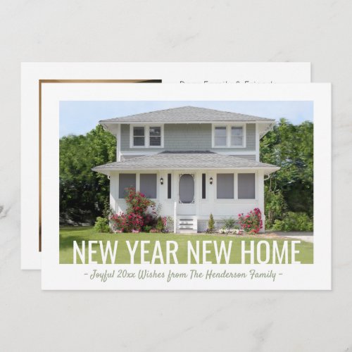 2 Photo New Year Home Holiday Change of Address Announcement - Share the joyful news of moving to your new address as well as 2 photos with this elegant New Years postcard. All text is simple to customize.  New Year New Home. Design features two of your custom pictures and chic modern typography.  This change of address holiday card is a stylish way to introduce friends and family to your new home. Happy New Year!