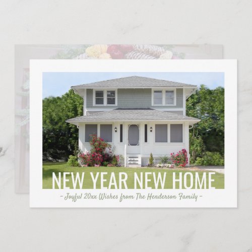 2 Photo New Year Home Holiday Change of Address Announcement - Share the joyful news of moving to your new address as well as 2 photos with this elegant New Years announcement postcard. All text is simple to customize.  New Year New Home.  (IMAGE PLACEMENT TIP:  An easy way to center a photo exactly how you want is to crop it before uploading to the Zazzle website.) Design features two of your custom pictures and chic modern typography.  This holiday season change of address card is a stylish way to introduce friends and family to your new home. Happy New Year!