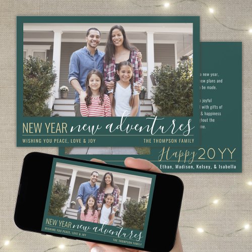 2 Photo New Year New Adventures Modern Green Gold Holiday Card
