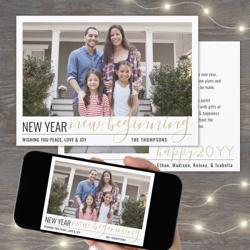 2 Photo New Year New Beginning Simple Script Gold Holiday Card