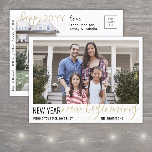 2 Photo New Year New Beginning Simple Script Gold Holiday Postcard
