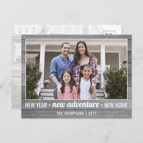 2 Photo New Years Adventure Farmhouse Home Moving Holiday Postcard - New Year, New Adventure, New Home. Share the joyful news of your new adventure as well as two of your favorite photos with this elegant holiday moving announcement postcard. All text on this template is simple to customize. (IMAGE PLACEMENT TIP:  An easy way to center a photo exactly how you want is to crop it before uploading to the Zazzle website.) The modern farmhouse style design features a rustic vintage grey wood background, minimalist typography, and 2 pictures of your choice. Family and friends will love displaying this stylish personalized change of address card.