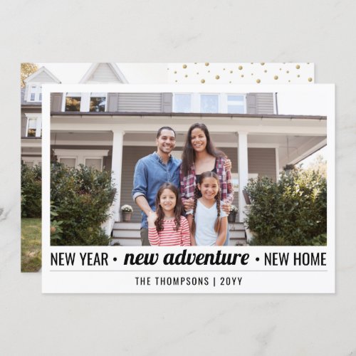 2 Photo New Years Adventure Home Address Moving Holiday Card - New Year, New Adventure, New Home. Share the joyful news of your new adventure as well as two of your favorite photos with this elegant holiday moving announcement card. All text on this template is easy to customize. (IMAGE PLACEMENT TIP:  An easy way to center a photo exactly how you want is to crop it before uploading to the Zazzle website.) Design features a simple white background, modern minimalist typography, gold faux glitter confetti, and 2 pictures of your choice. Family and friends will love displaying this stylish personalized change of address card. Happy New Year!