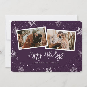 2 Photo Newlywed Snowflake Purple Holiday Card