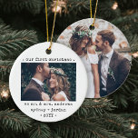 2 Photo Newlyweds 1st Christmas Modern Minimalist Ceramic Ornament<br><div class="desc">Celebrate a joyful 1st holiday as a married couple with a custom 2 photo "Our First Christmas as Mr. & Mrs." round ceramic ornament. All text and images on this template are simple to personalize. Design features 2 images of your choice, a modern minimalist black and white border, and simple...</div>