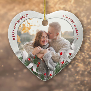 2 Photo Newlyweds 1st Christmas Silver Frame Ceramic Ornament