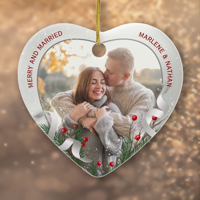2 Photo Newlyweds 1st Christmas Silver Frame Ceramic Ornament (Creator Uploaded)