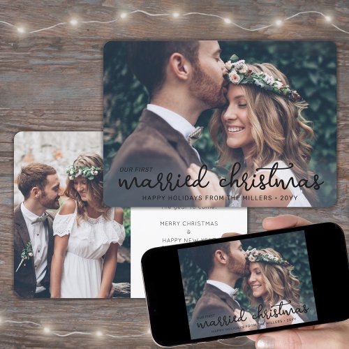 2 Photo Newlyweds 1st Married Christmas Black Text Holiday Card