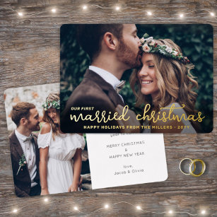 2 Photo Newlyweds 1st Married Christmas Script Foil Holiday Card
